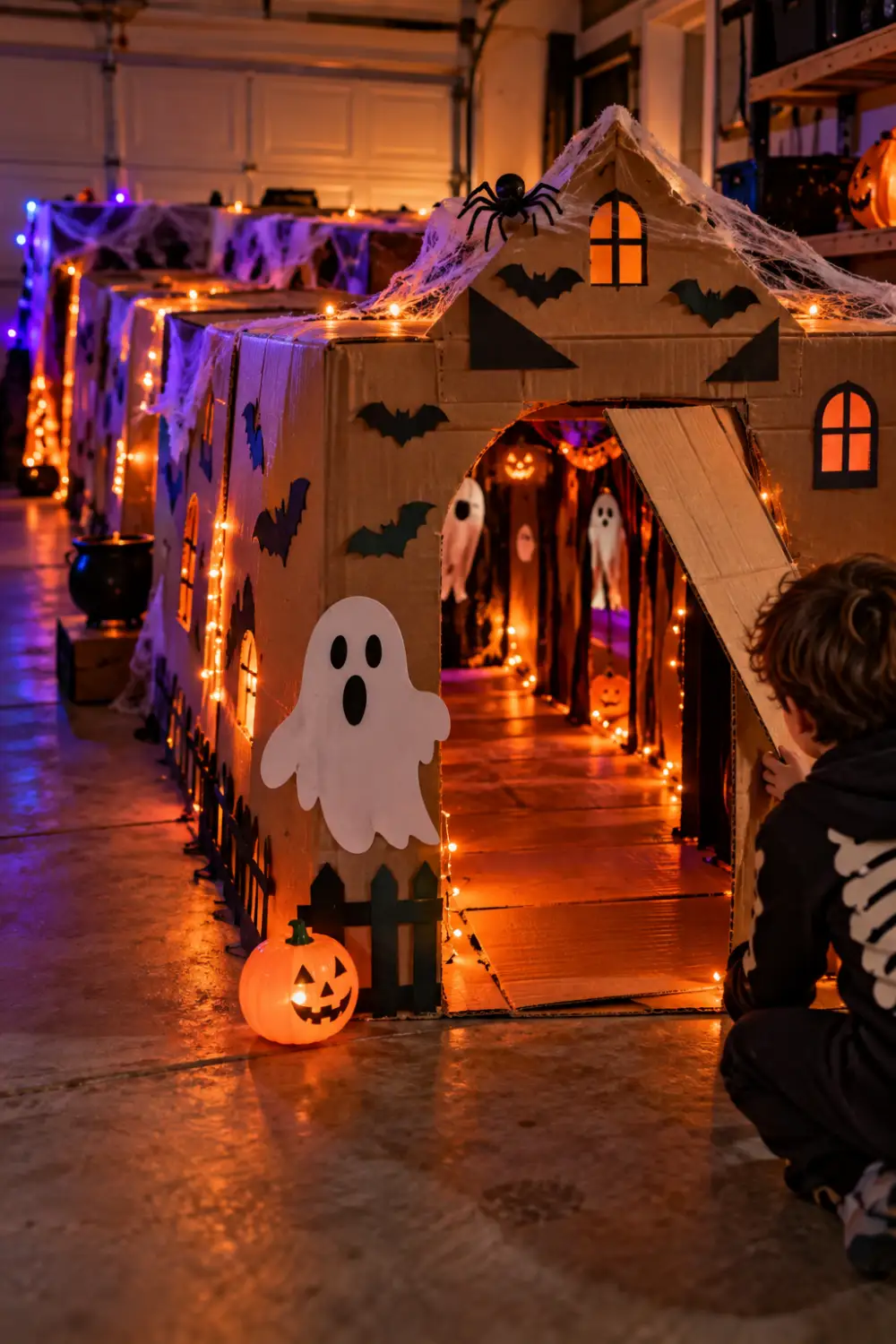 15 Easy Halloween Activities for Kids and Families You Can Pull Off This Weekend 5 Homemade cardboard box haunted house for kids decorated with glowing string lights, ghosts, bats, and Halloween decorations in a garage.