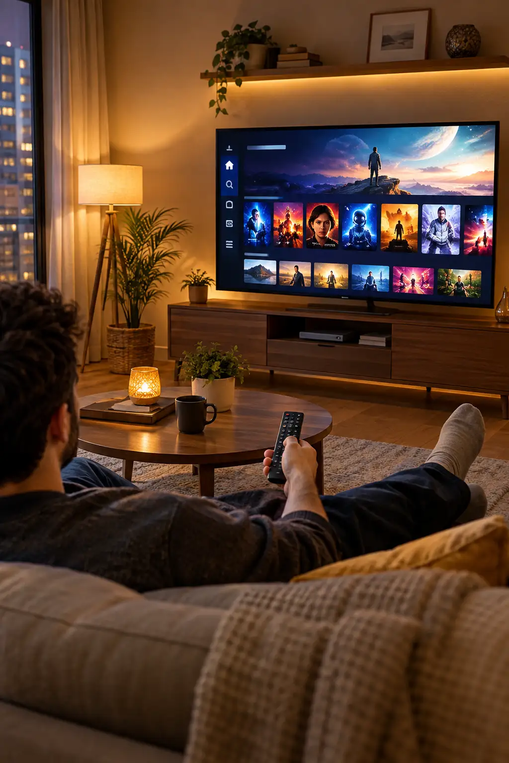 Best Free Movie Websites: Where to Watch Movies Online for Free 1 A cozy modern living room at night with a person relaxing on a couch while watching a smart TV displaying a generic streaming app home screen under warm ambient lighting.