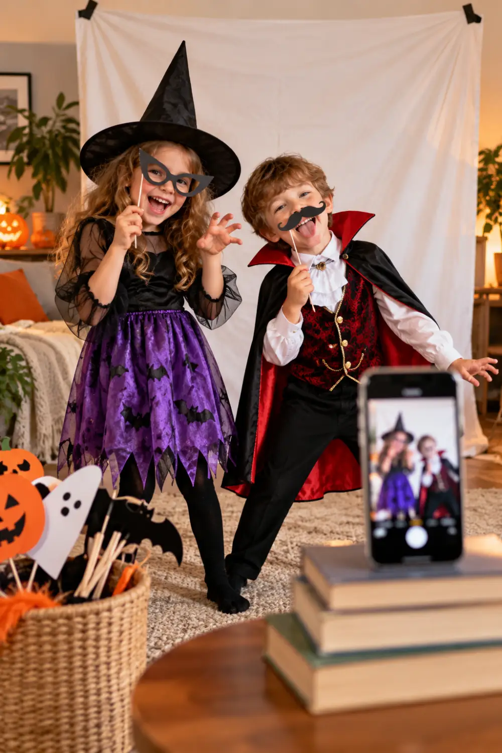 15 Easy Halloween Activities for Kids and Families You Can Pull Off This Weekend 8 Two kids in Halloween costumes posing with silly props in a DIY photo booth with a white sheet backdrop and smartphone camera.