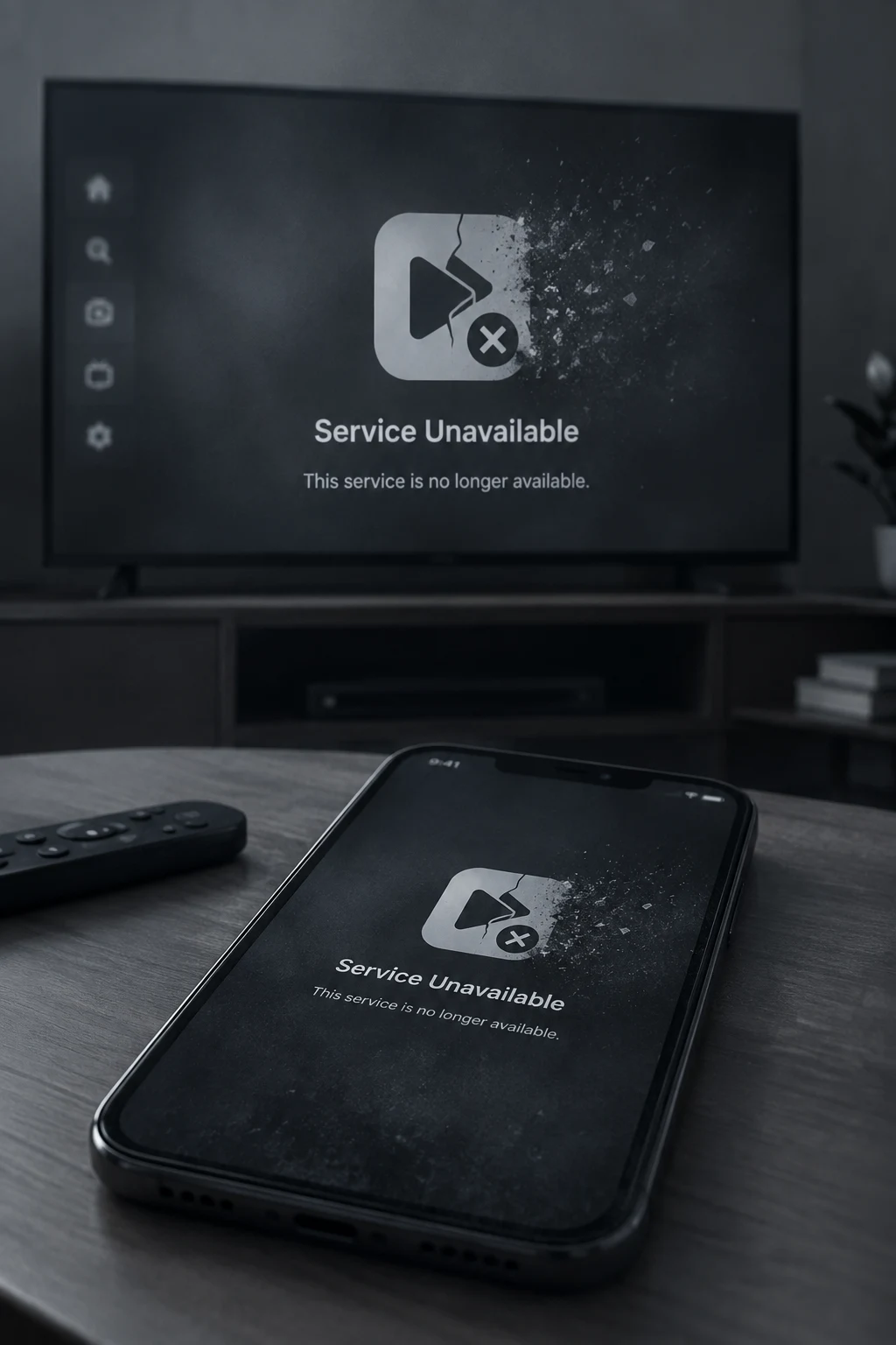 Grayscale smartphone and TV screen displaying a generic "Service Unavailable" streaming app icon with a broken play symbol, representing a discontinued streaming service.
