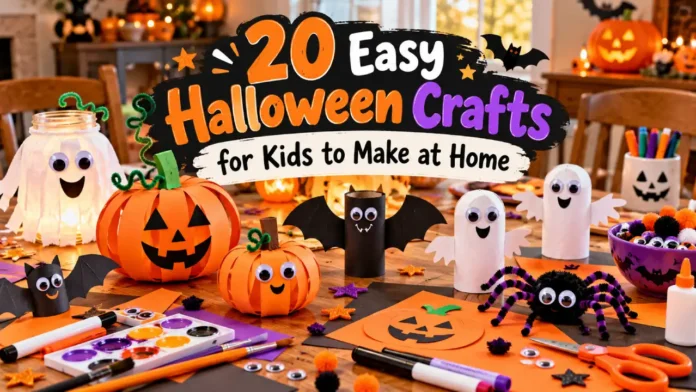 20 easy Halloween crafts for kids to make at home featuring DIY paper pumpkins, cute ghosts, bats, spiders, and fun Halloween craft supplies.