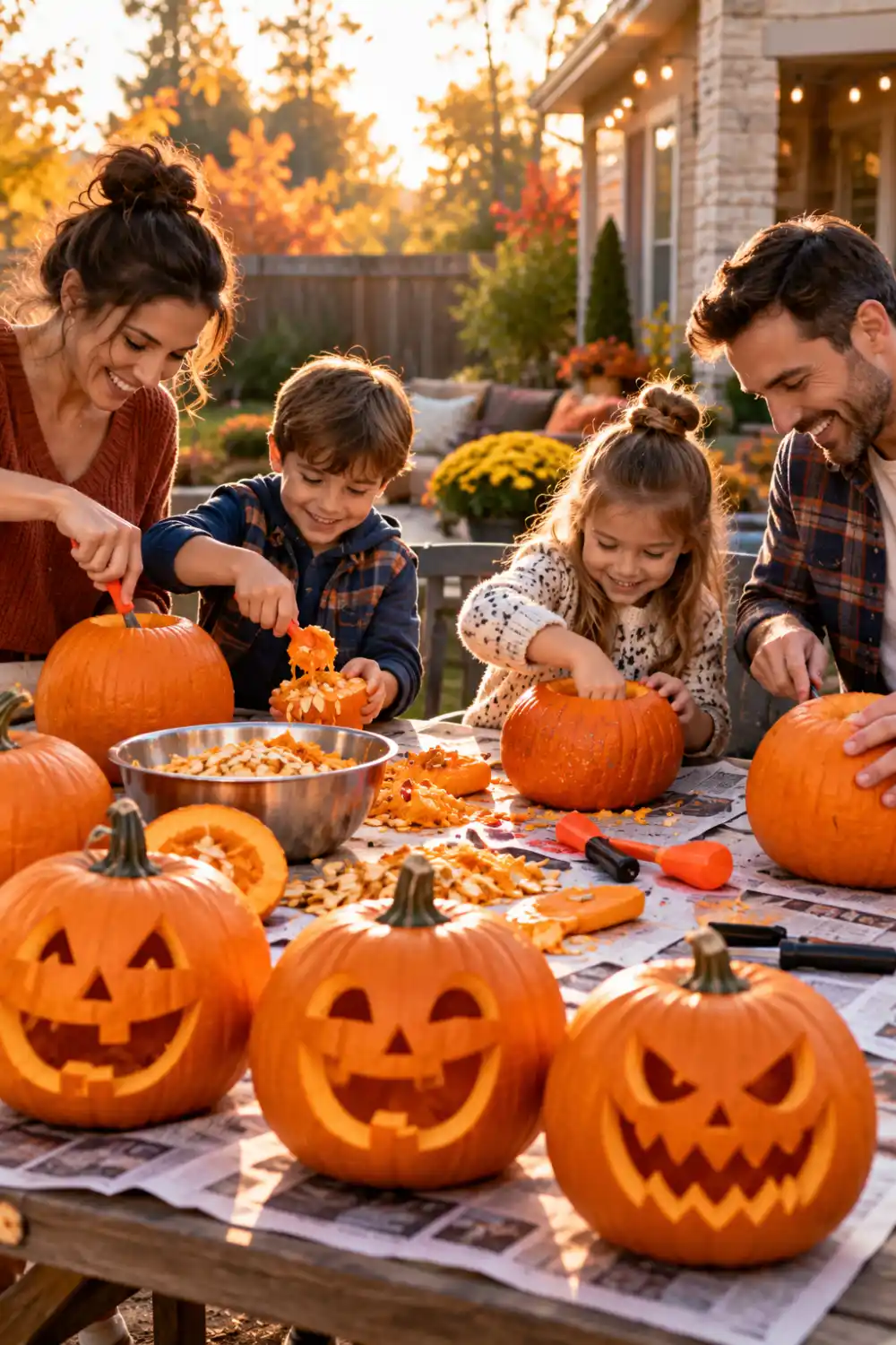 15 Easy Halloween Activities for Kids and Families You Can Pull Off This Weekend 6 Family carving pumpkins together outdoors during a fun pumpkin carving contest on a sunny fall afternoon.