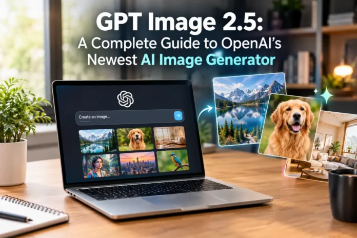 Professional featured image for a guide to GPT Image 2.5, showing an AI image generation interface on a laptop with realistic generated images, modern workspace, and the title “GPT Image 2.5: A Complete Guide to OpenAI's Newest AI Image Generator.”