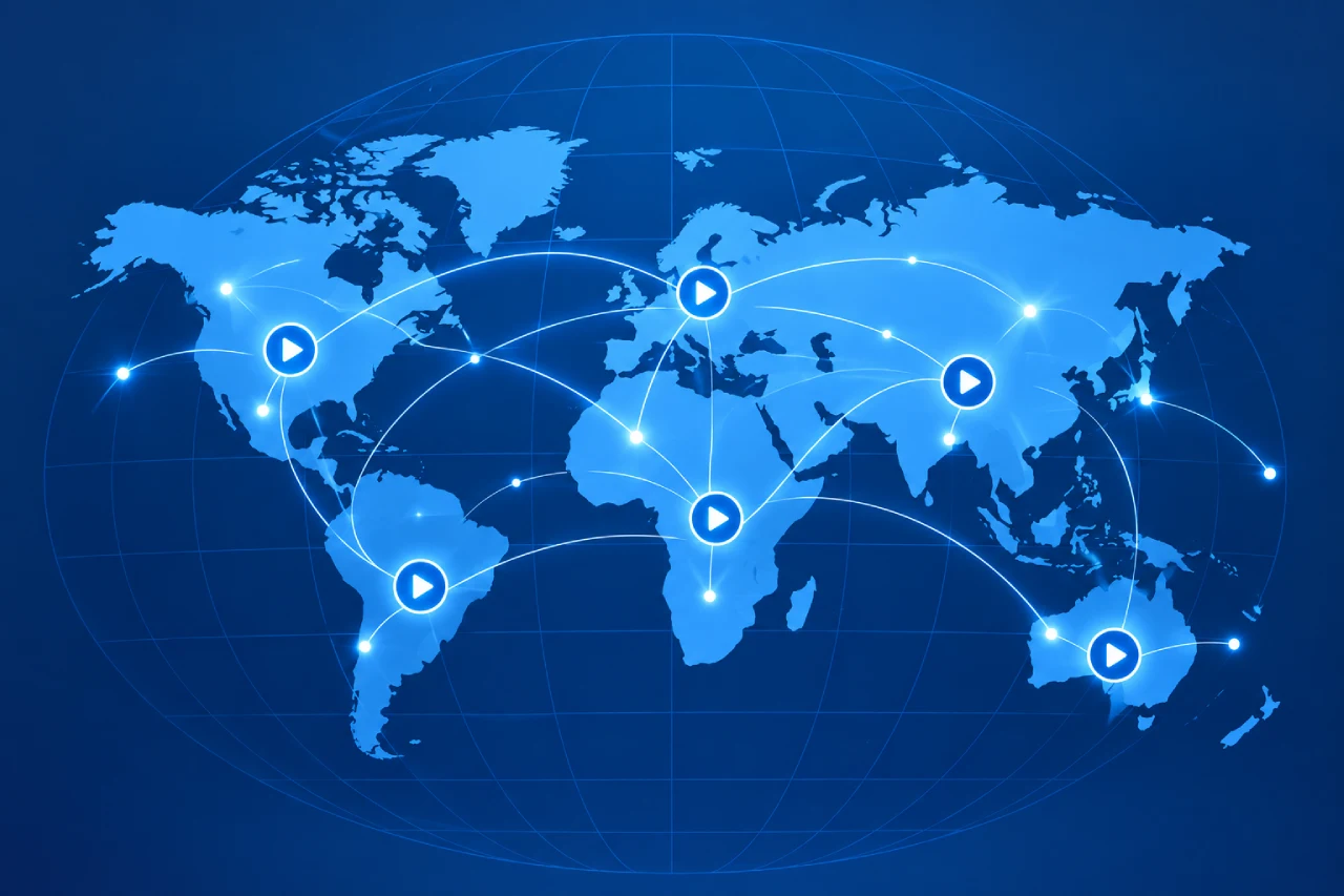 Best Free Movie Websites: Where to Watch Movies Online for Free 4 Flat illustration of a world map with glowing location dots connected by streaming play icons and subtle globe grid lines, representing global streaming availability.