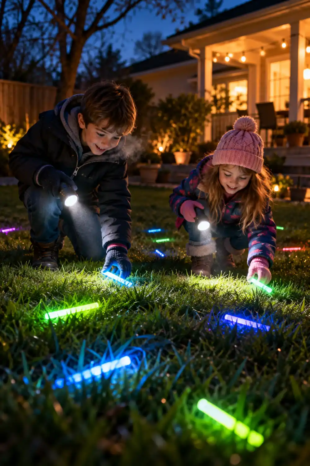 15 Easy Halloween Activities for Kids and Families You Can Pull Off This Weekend 1 Two kids using flashlights to find colorful glow sticks during a glow-in-the-dark scavenger hunt in the backyard.