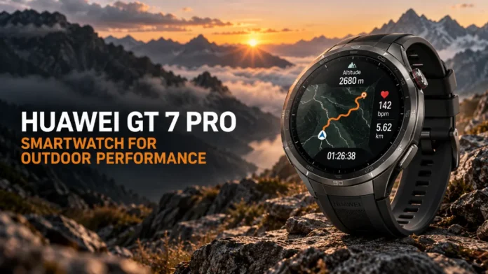 HUAWEI GT 7 Pro smartwatch displaying outdoor navigation and fitness data against a mountain landscape