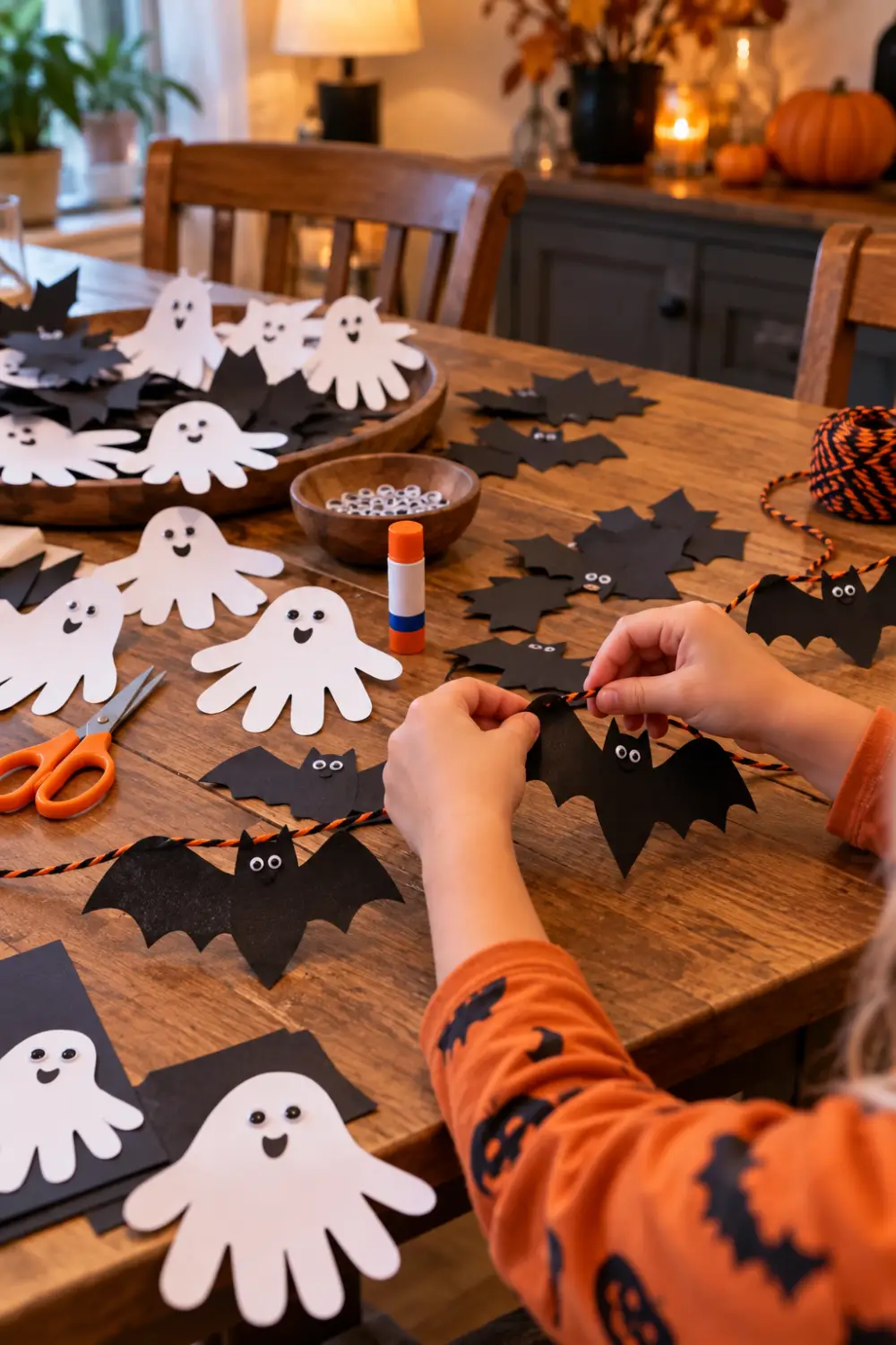 15 Easy Halloween Activities for Kids and Families You Can Pull Off This Weekend 7 Child making a Halloween bat garland with black paper bats and white handprint ghost crafts at a cozy kitchen table.