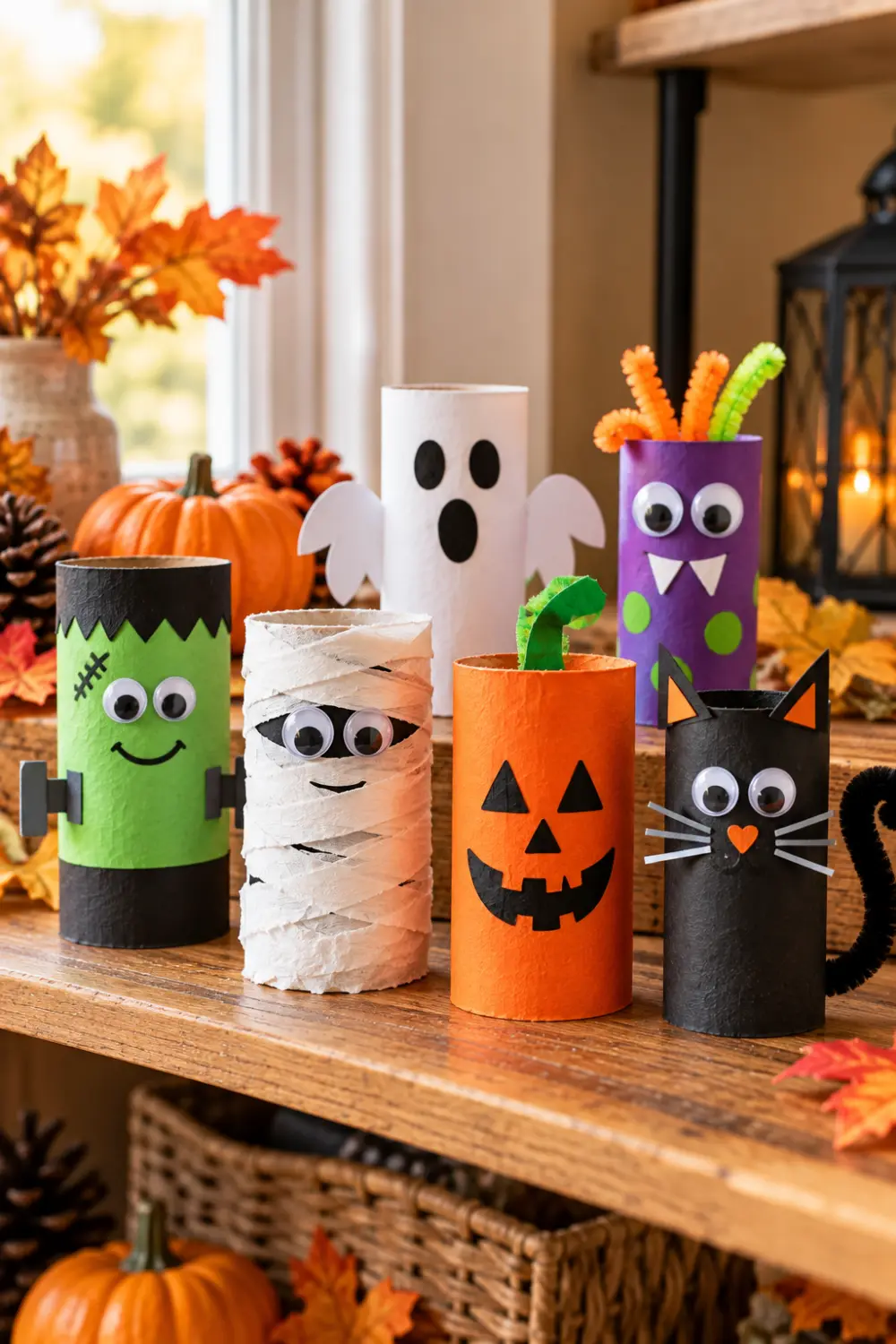 20 Easy Halloween Crafts for Kids to Make at Home 5 Handmade Halloween cardboard tube characters featuring Frankenstein, mummy, pumpkin, ghost, black cat, and colorful monster.