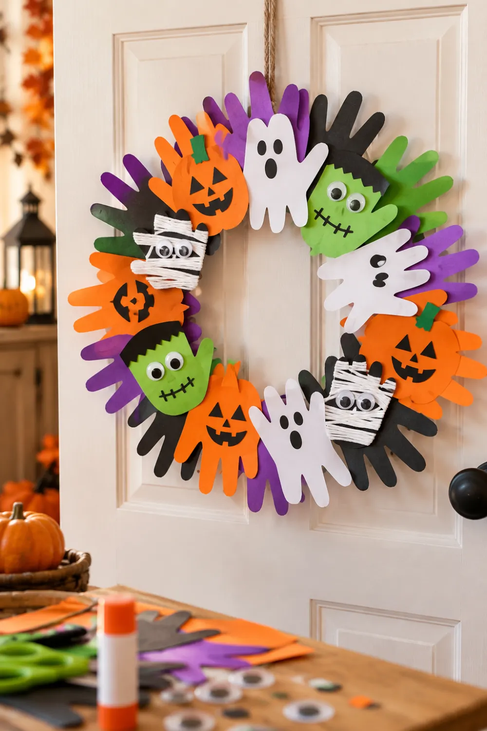 20 Easy Halloween Crafts for Kids to Make at Home 3 Colorful Halloween handprint wreath for kids featuring paper ghosts, pumpkins, monsters, and mummies on a door.
