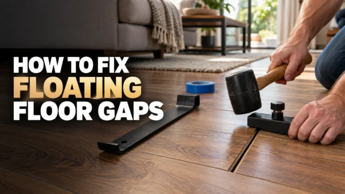 How to Fix Floating Floor Gaps Homeowner using a floor gap-fixer block and rubber mallet to repair gaps between floating laminate floor planks.