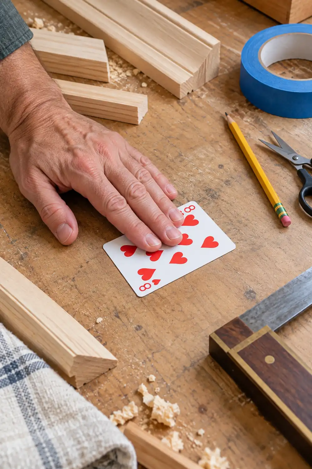 Playing card seated against a reference edge inside an uneven wood corner