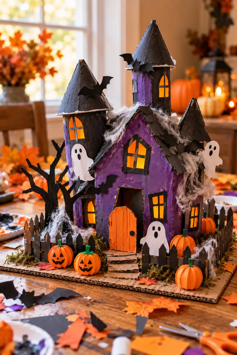 20 Easy Halloween Crafts for Kids to Make at Home 8 Handmade mini haunted house craft with purple cardboard walls, paper ghosts, bats, pumpkins, and cotton cobwebs.