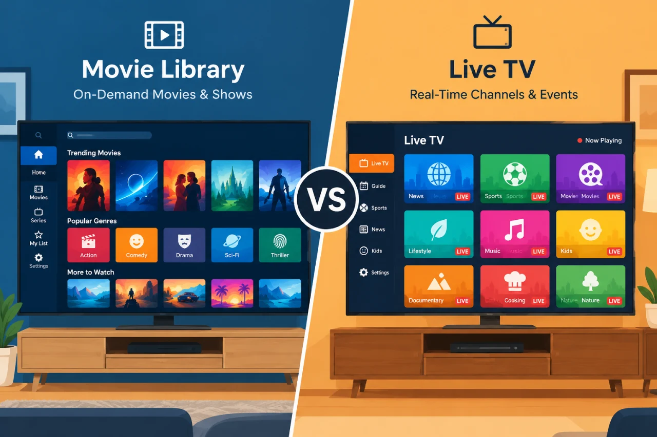 Split-screen flat illustration comparing a movie library interface with a live TV channel interface, featuring generic streaming thumbnails, colorful channel tiles, and a central "VS" divider.