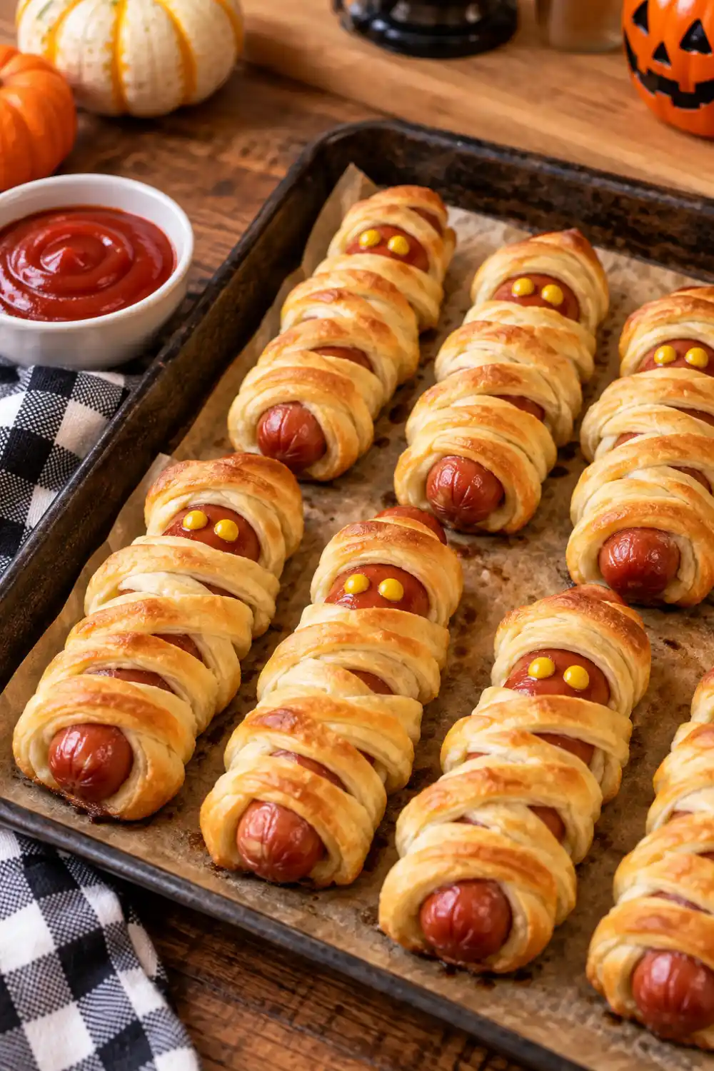 15 Easy Halloween Activities for Kids and Families You Can Pull Off This Weekend 3 Homemade mummy hot dogs wrapped in golden pastry with mustard eyes, served with ketchup for a fun Halloween party snack.