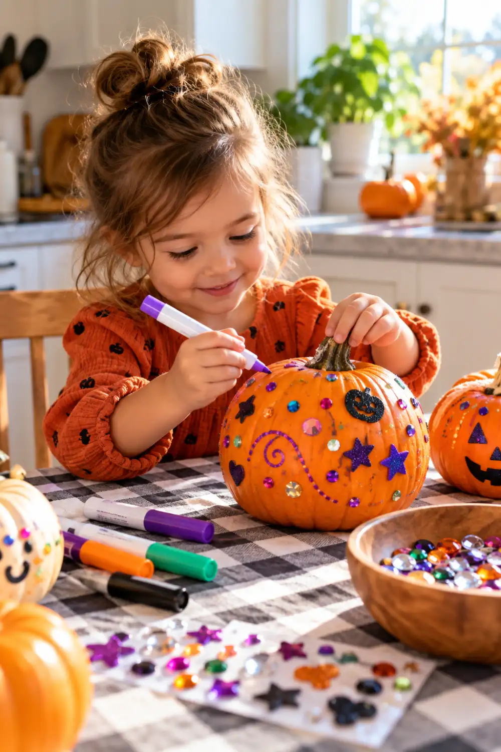 15 Easy Halloween Activities for Kids and Families You Can Pull Off This Weekend 2 Toddler decorating a small pumpkin with colorful paint pens and stick-on gems for an easy no-carve Halloween craft.