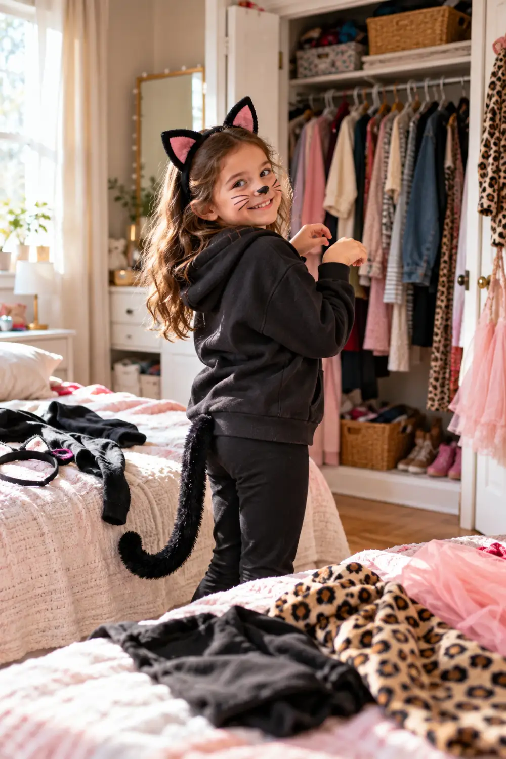 15 Easy Halloween Activities for Kids and Families You Can Pull Off This Weekend 4 Child wearing a simple homemade cat costume made from a black hoodie and cat ears in a cozy bedroom.
