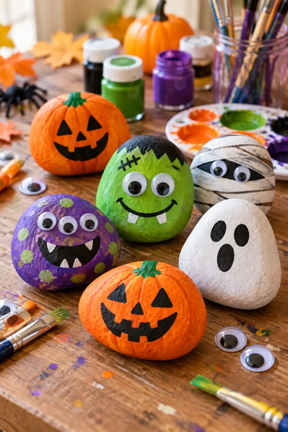20 Easy Halloween Crafts for Kids to Make at Home 2 Colorful painted monster rocks featuring pumpkins, ghost, mummy, and funny Halloween faces on a kids craft table.