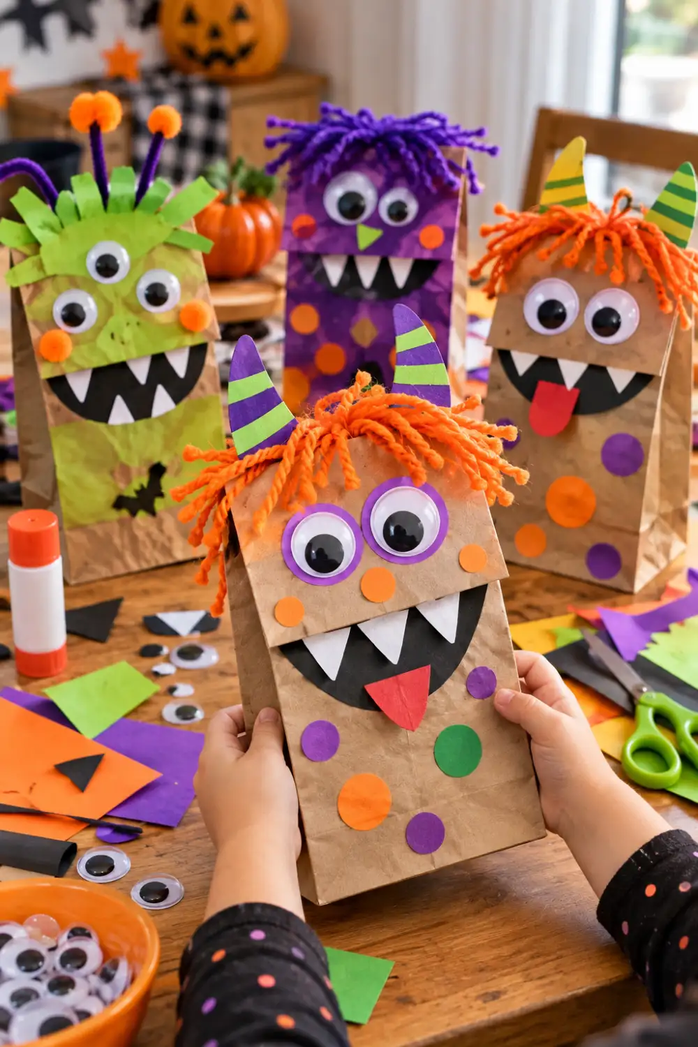 20 Easy Halloween Crafts for Kids to Make at Home 6 Colorful Halloween paper bag monster puppets for kids decorated with googly eyes, yarn hair, horns, and funny paper teeth.