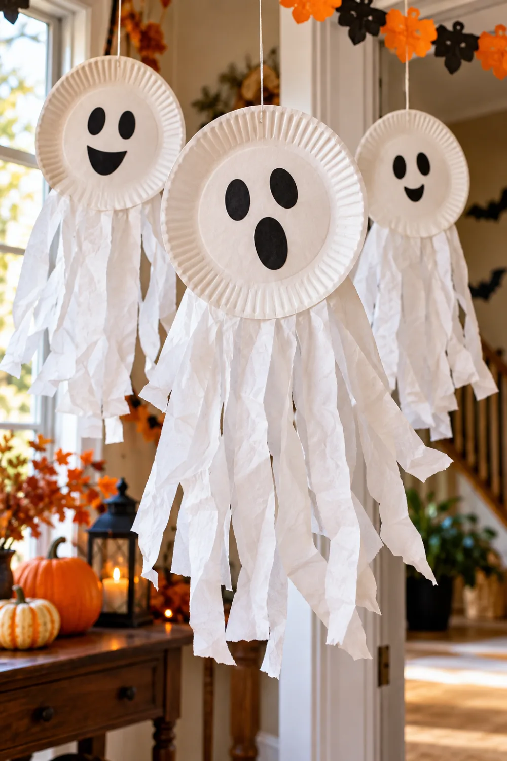 20 Easy Halloween Crafts for Kids to Make at Home 1 Handmade paper plate ghosts with black faces and white tissue paper streamers hanging indoors for Halloween.
