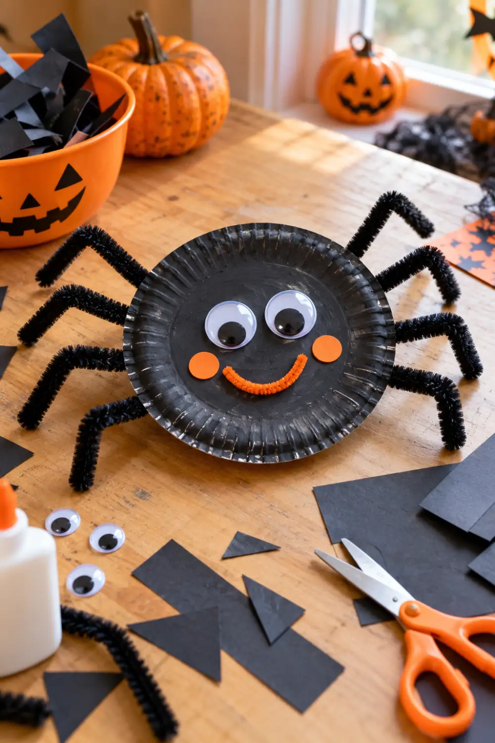 20 Easy Halloween Crafts for Kids to Make at Home 4 Handmade paper plate spider Halloween craft with googly eyes and black pipe-cleaner legs on a kids’ craft table.