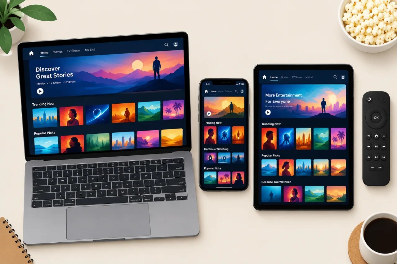 Flat vector illustration of a laptop, smartphone, tablet, and smart TV remote displaying generic streaming app interfaces with colorful content thumbnails in a clean, modern layout.