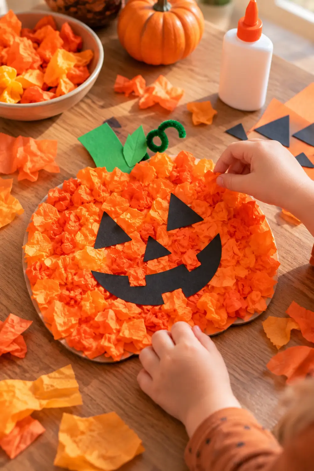20 Easy Halloween Crafts for Kids to Make at Home 9 Child making a Halloween tissue paper pumpkin craft with orange tissue pieces, a green stem, and a black jack-o'-lantern face.