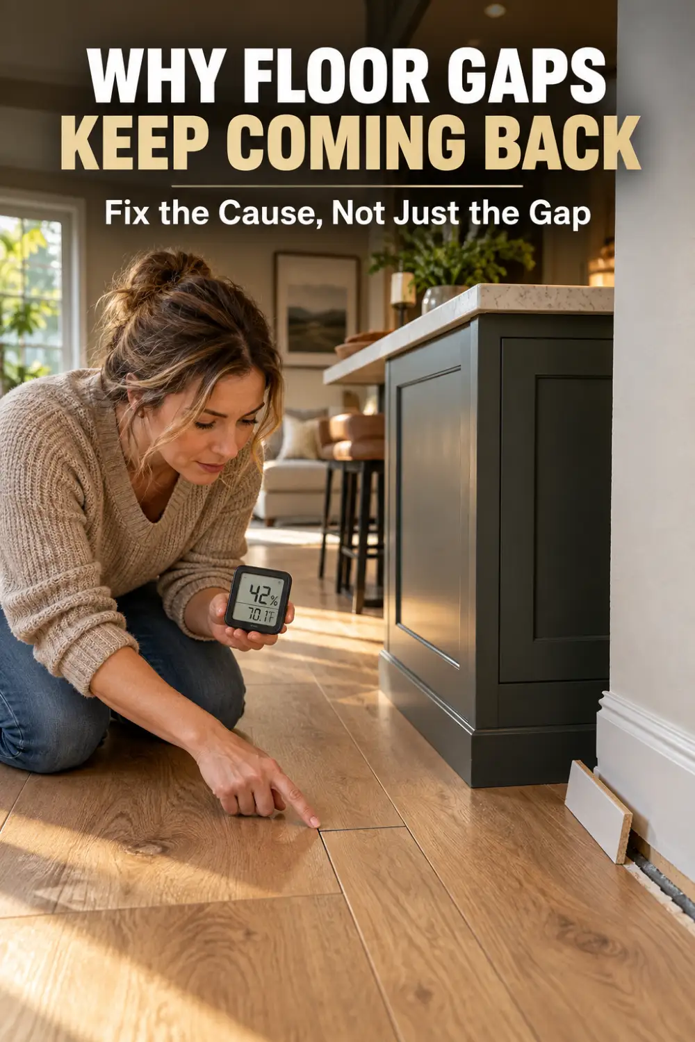 How to Fix Floating Floor Gaps Without Replacing the Floor 1 Homeowner inspecting recurring floating floor gaps near a kitchen island while checking indoor humidity and expansion space.