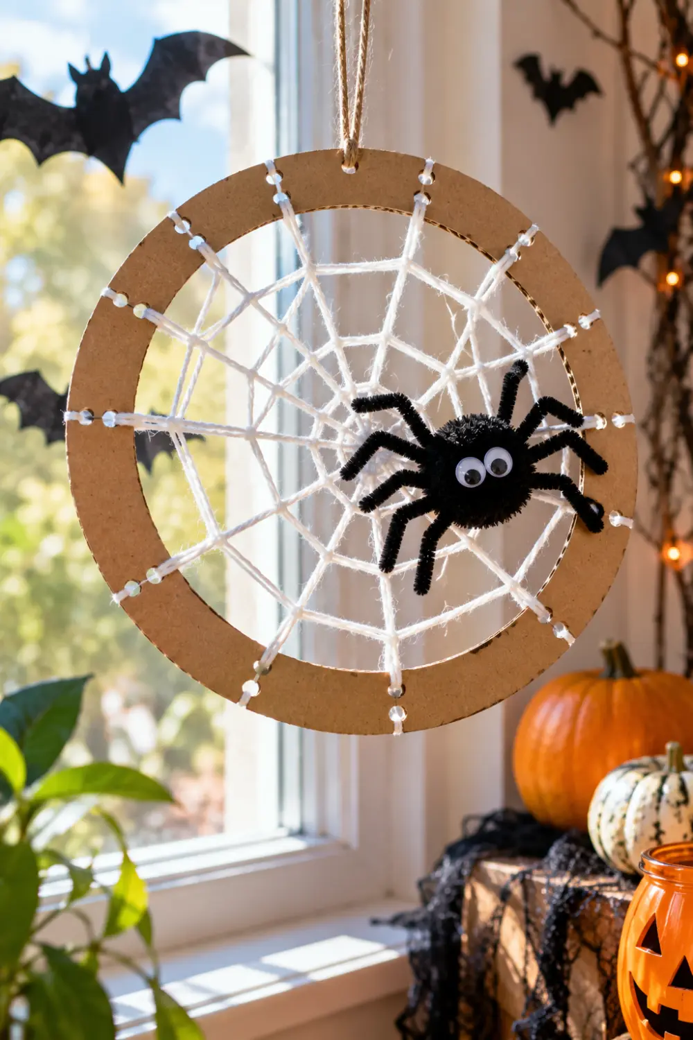 20 Easy Halloween Crafts for Kids to Make at Home 7 Handmade yarn spider web Halloween craft made with a cardboard ring, white yarn, and a small black spider hanging by a window.
