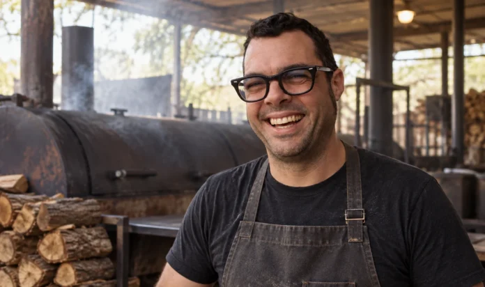 Aaron Franklin in a Texas barbecue pit workspace
