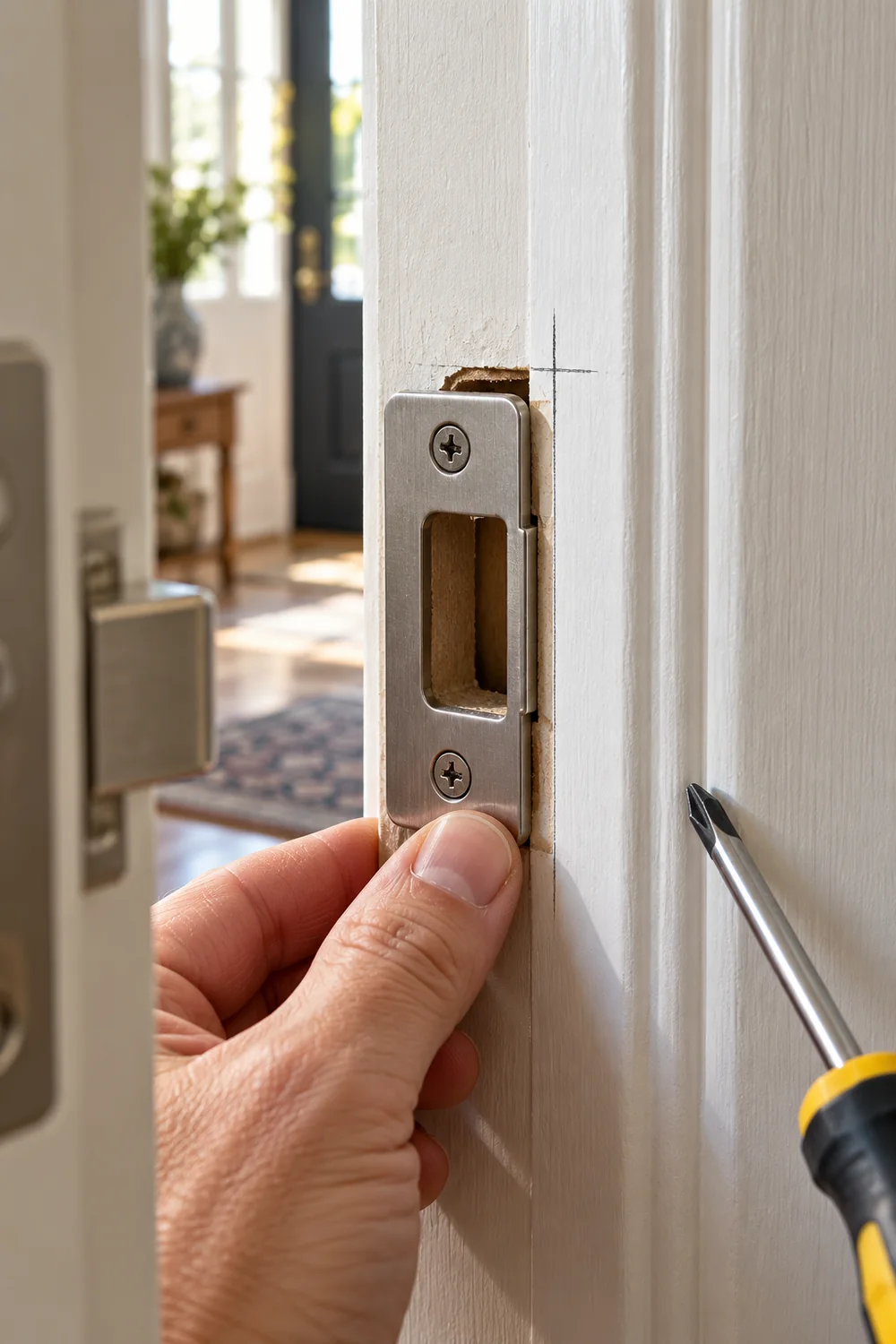 How to Fix a Misaligned Door That Won’t Close Properly 4 Repositioning the strike plate so a misaligned door can latch