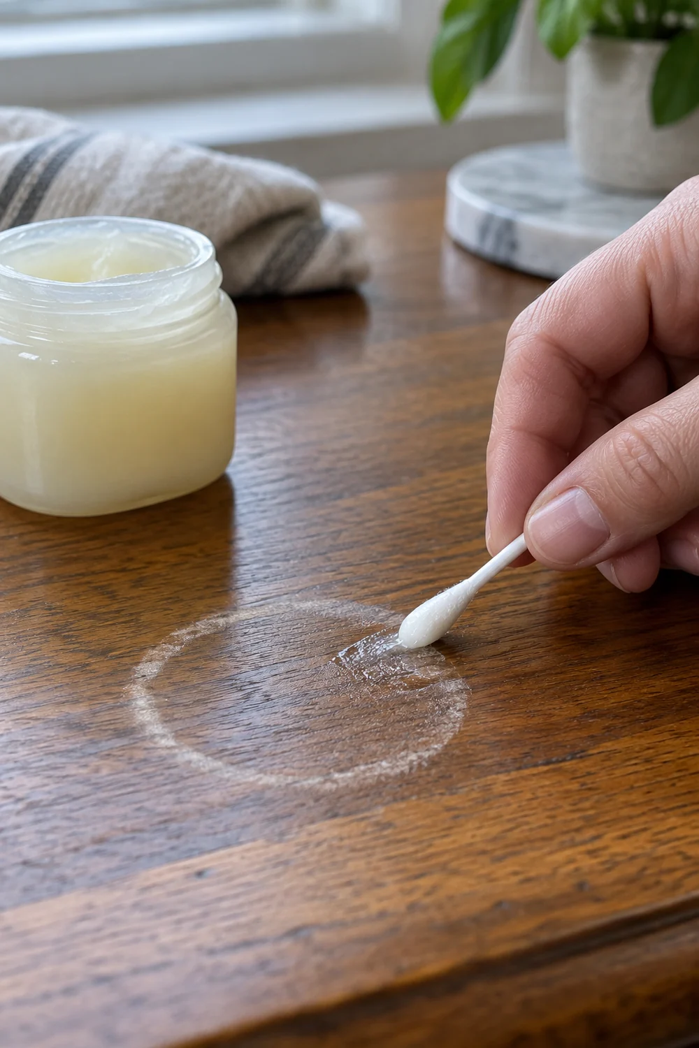Cotton swab applying petroleum jelly to a white watermark on finished wood