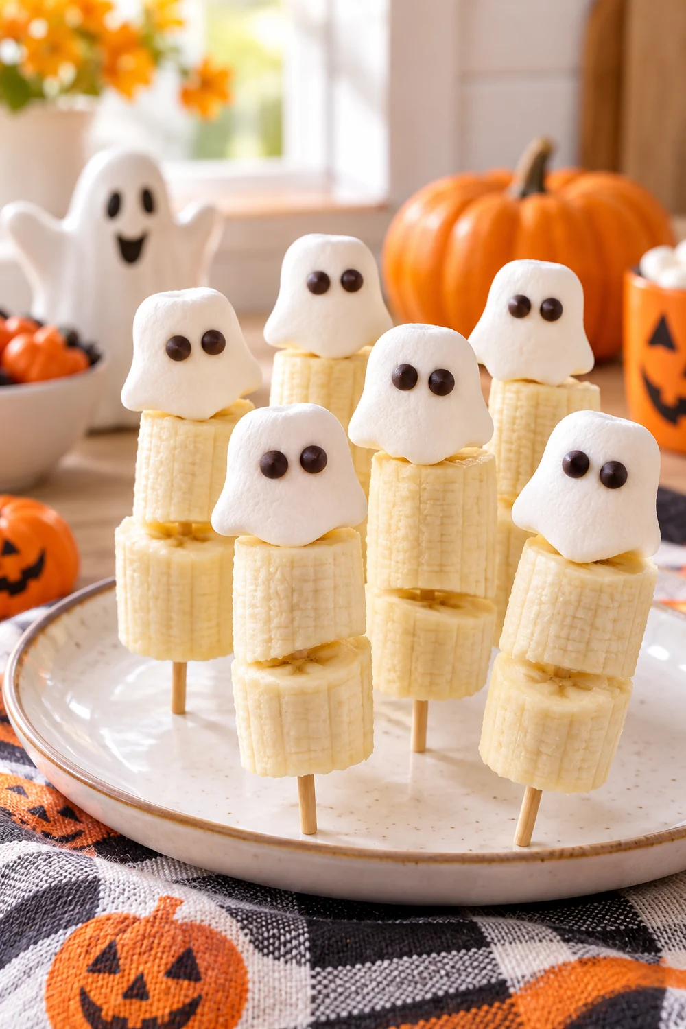 20 Easy Halloween Treats Kids Will Love (No Baking Skills Required) 1 Banana ghost skewers with marshmallow heads and chocolate chip eyes