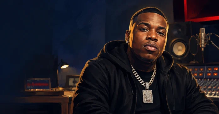 Editorial illustration of rapper Bandman Kevo in a recording studio