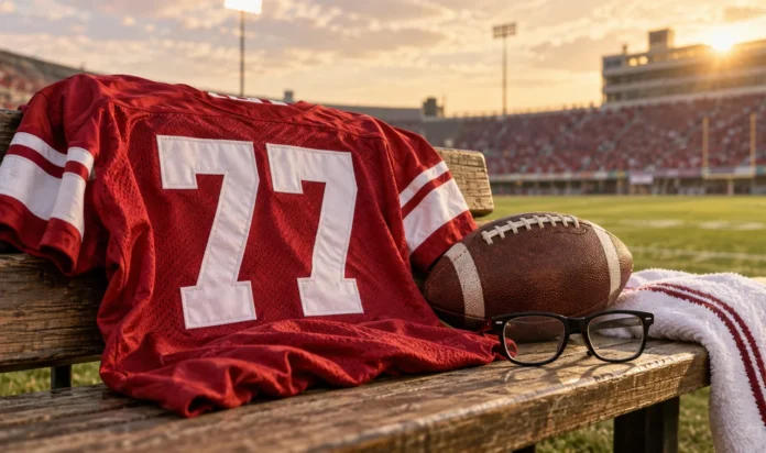 Brandon Burlsworth number 77 jersey, football and black glasses at a stadium