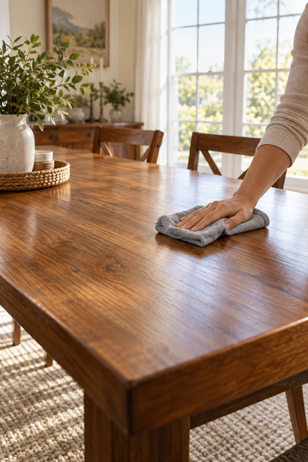 Dry microfiber cloth buffing a restored wooden table along the grain