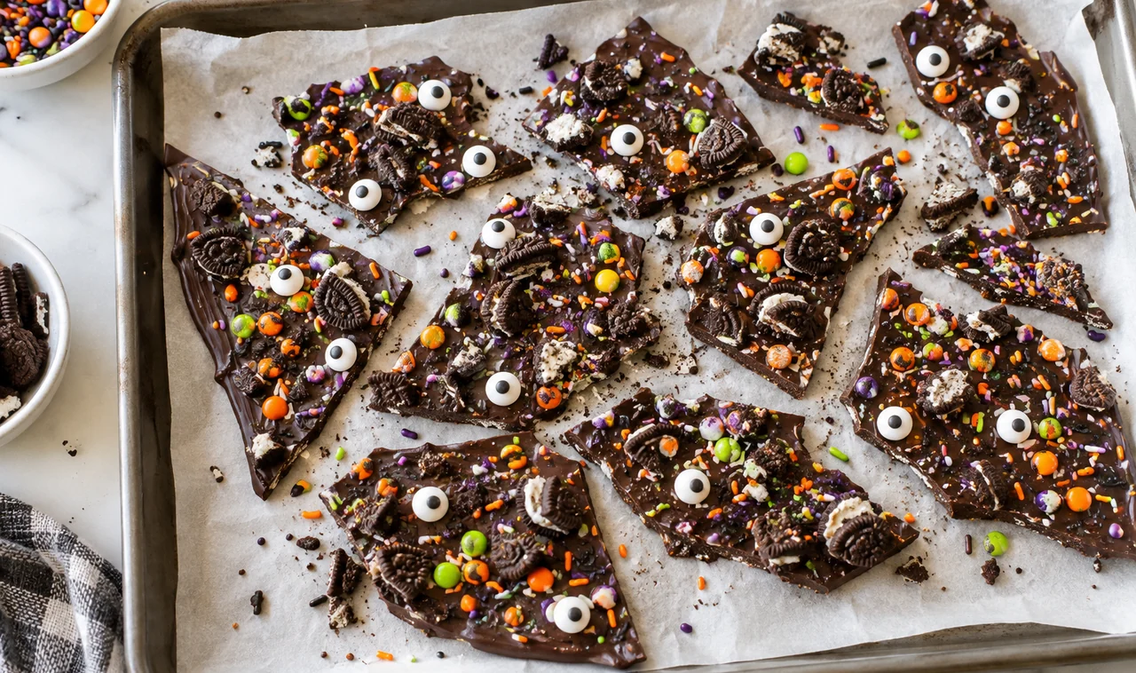 Chocolate Halloween bark with candy eyes and sprinkles