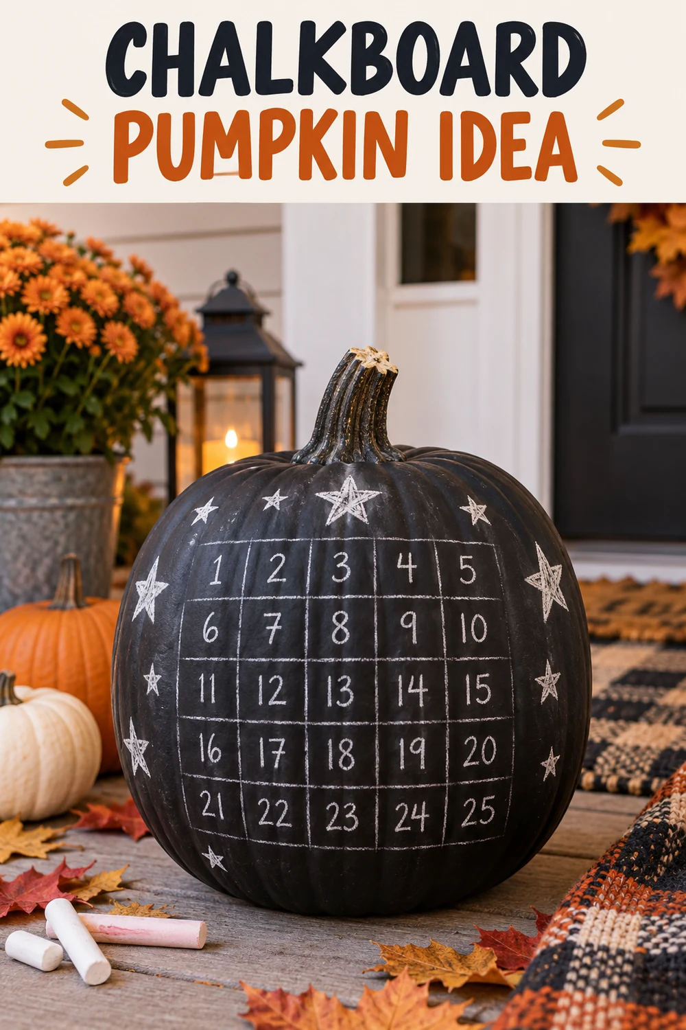 15 Halloween Pumpkin Decorating Ideas Without Carving 6 Black chalkboard-painted pumpkin decorated with white chalk stars and countdown numbers