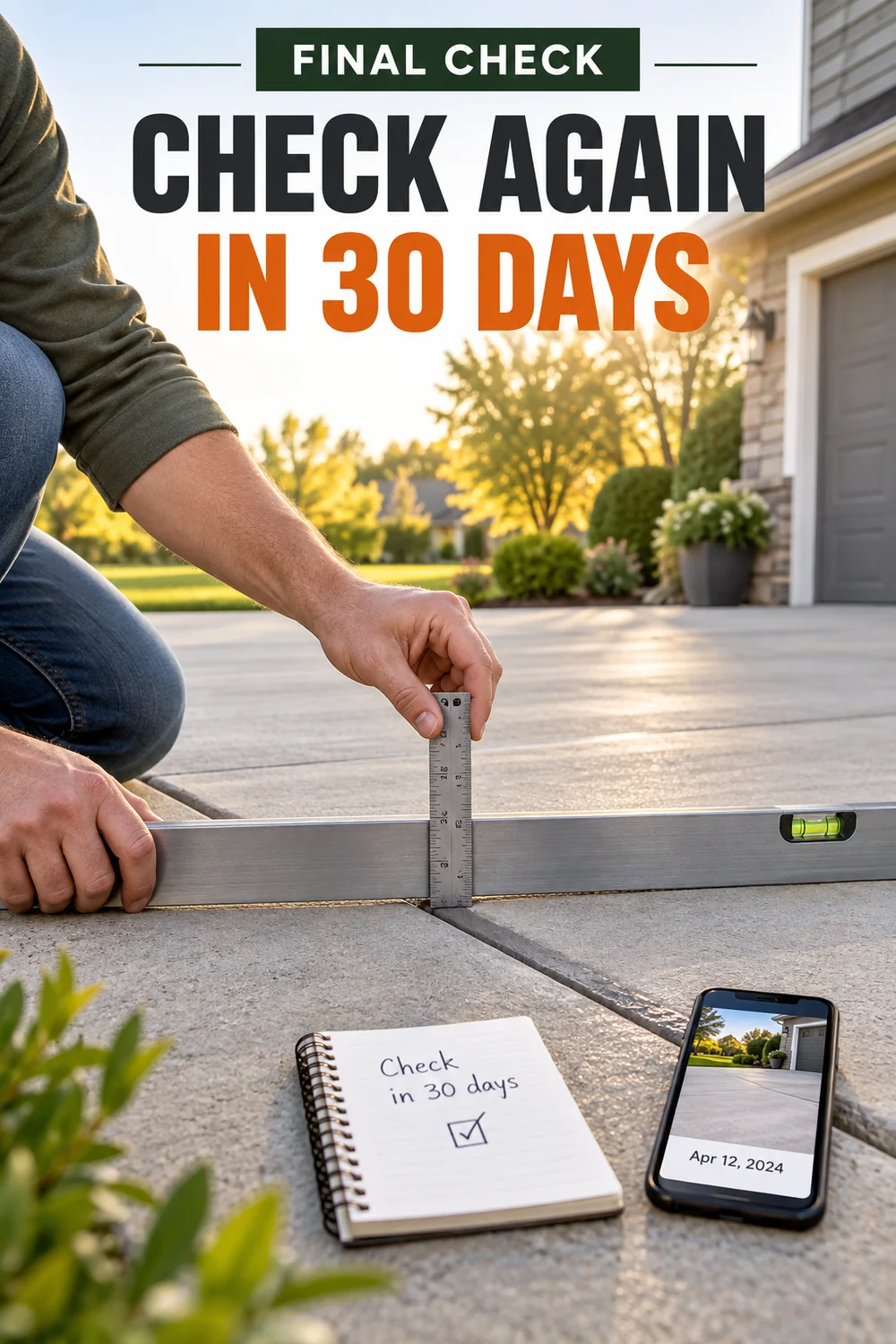 How to Fix a Sinking Driveway Before Cracks and Drainage Damage Spread 6 Homeowner checking repaired driveway slab height after 30 days