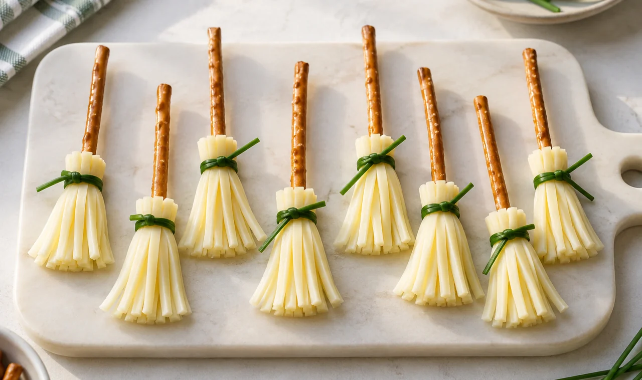 Cheese broomstick snacks made with pretzels and chives