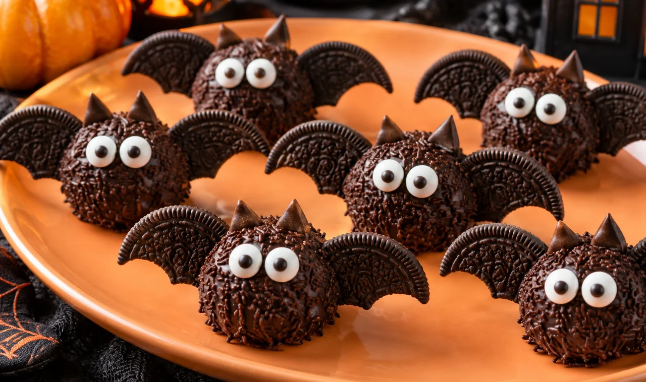 Chocolate bat bites with cookie wings and candy eyes