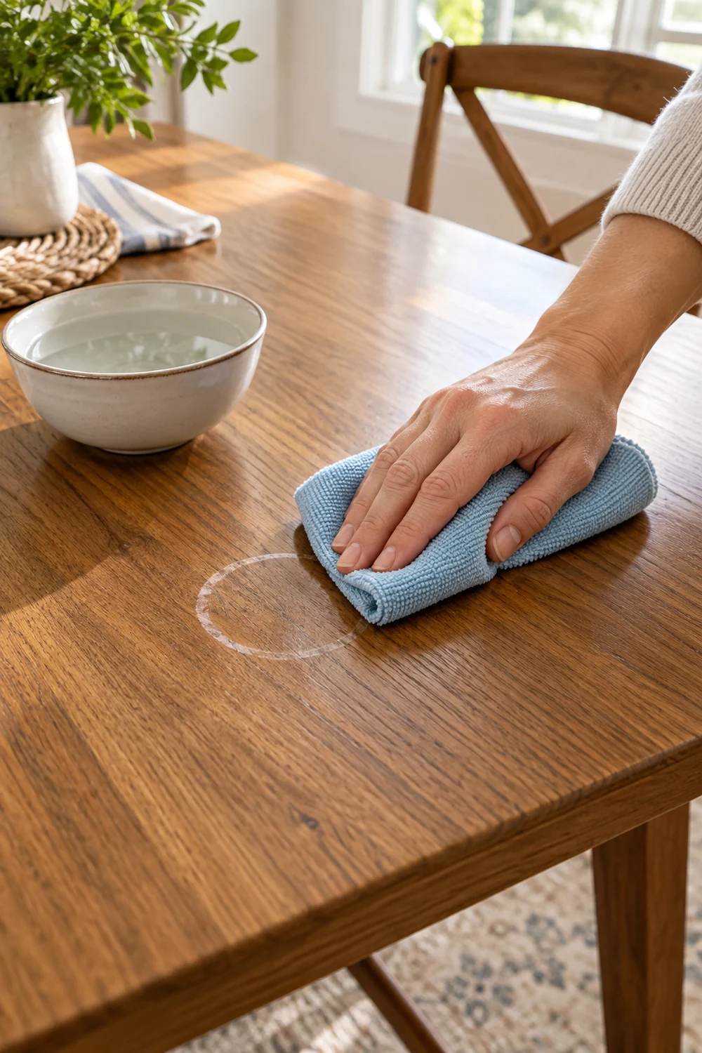 Microfiber cloth cleaning a white watermark from a finished wooden table