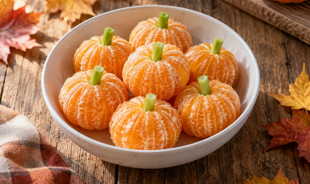 Peeled clementines shaped like mini pumpkins with celery stems