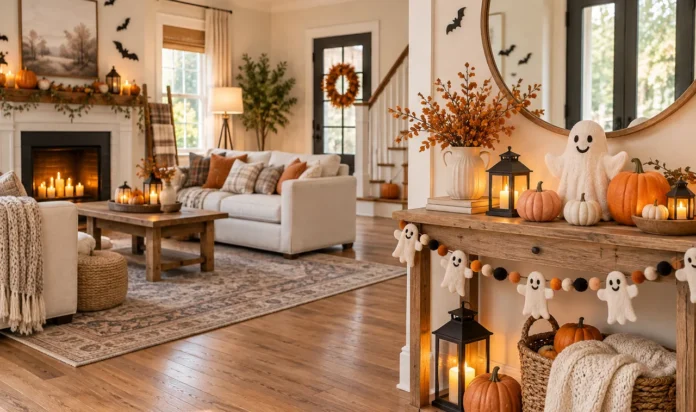 Cute Halloween decorating ideas with pumpkins, ghosts and warm lanterns