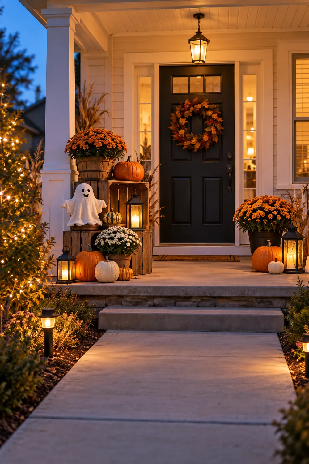 Cute Halloween porch with pumpkins, a smiling ghost and battery lanterns