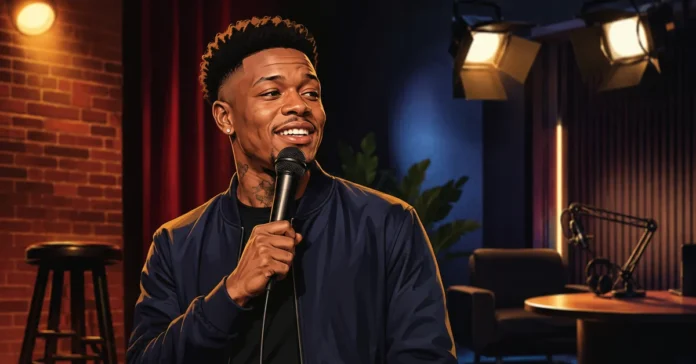 Editorial illustration of DC Young Fly performing on a comedy stage