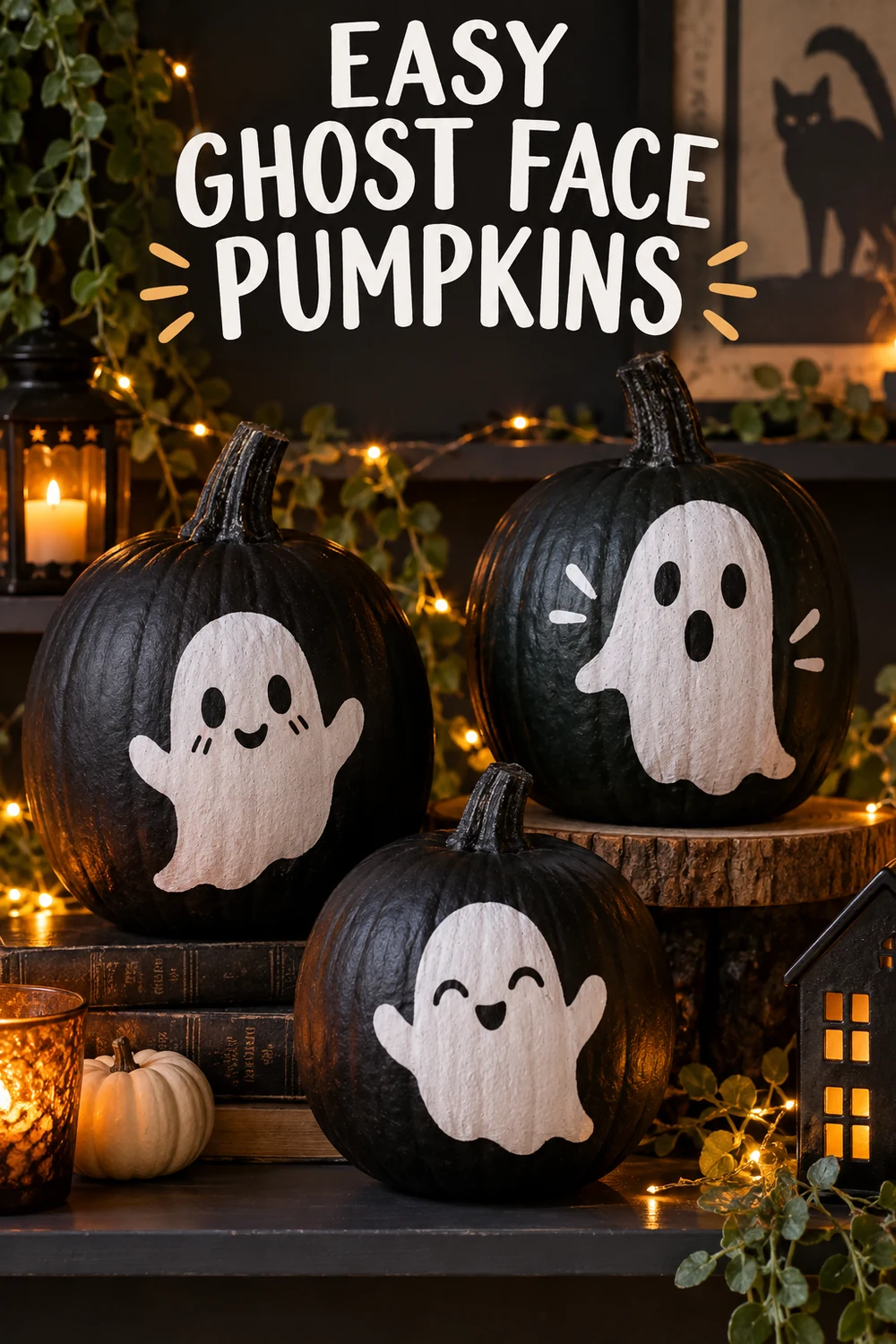 15 Halloween Pumpkin Decorating Ideas Without Carving 3 Three black pumpkins painted with cute white ghost faces for Halloween