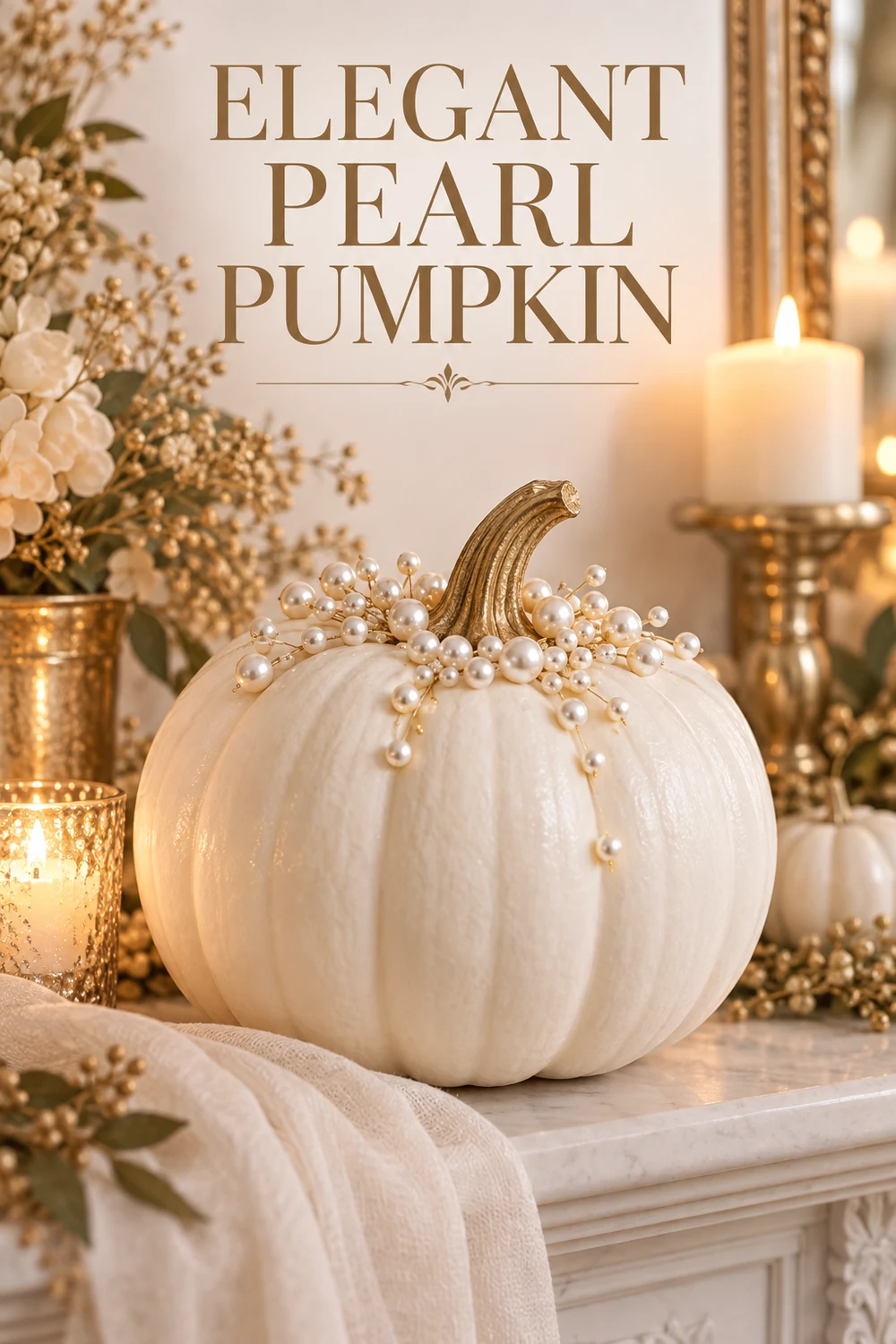 15 Halloween Pumpkin Decorating Ideas Without Carving 2 White pumpkin decorated with a loose cluster of pearl pins around the stem
