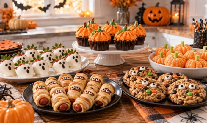 Easy Halloween treats for kids arranged on a festive party table