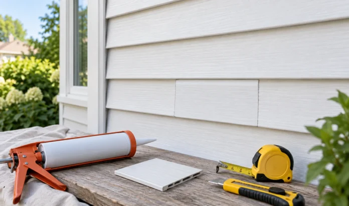 How to Repair Holes in Vinyl Siding Completed white vinyl siding repair with tools ready beside the wall