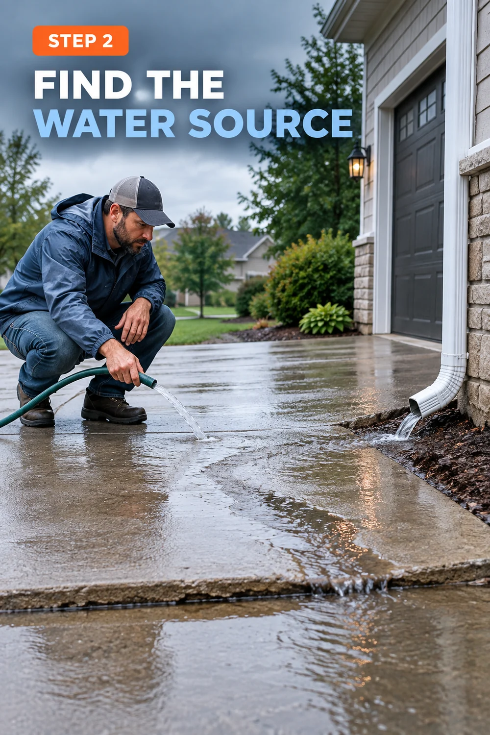 How to Fix a Sinking Driveway Before Cracks and Drainage Damage Spread 2 Homeowner tracing water runoff toward a sunken concrete driveway slab